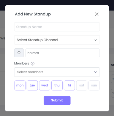 The “Add New Standup” window in WebWork.