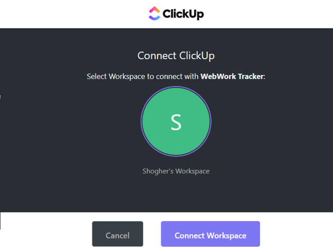 Clickup WebWork integration choose workspace