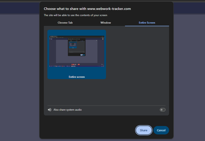 The "Choose what to share with WebWork" pop-up window in a WebWork video meeting