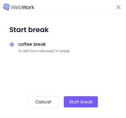 Select break policy on WebWork Desktop Time Tracker