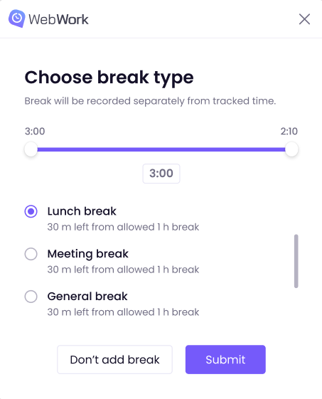 Choose Break Type on WebWork Desktop Time Tracker