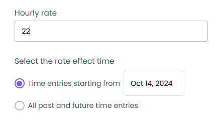 The “Select the rate effect time” section in the Project Details window in WebWork, which appears after entering a new hourly rate for a project.