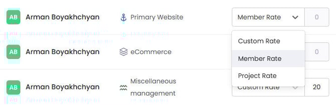 The Contracts page in WebWork showing the three different types of hourly rates offered in the tracker.