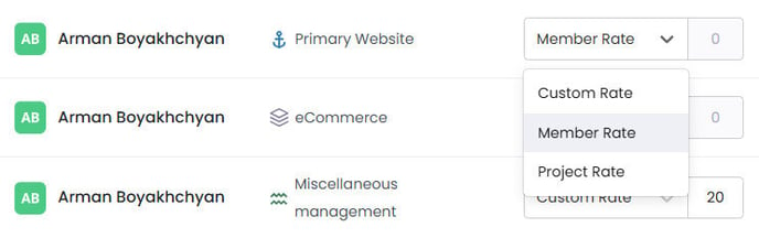 The Contracts page in WebWork showing the three different types of hourly rates offered in the tracker.