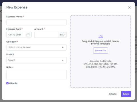 The “New Expense” window on WebWork’s Expense Tracking page.