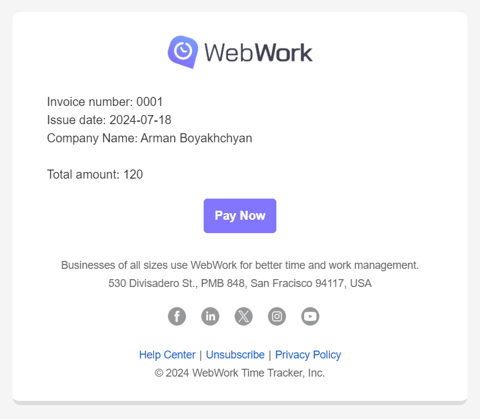 An example of a WebWork invoice sent via email