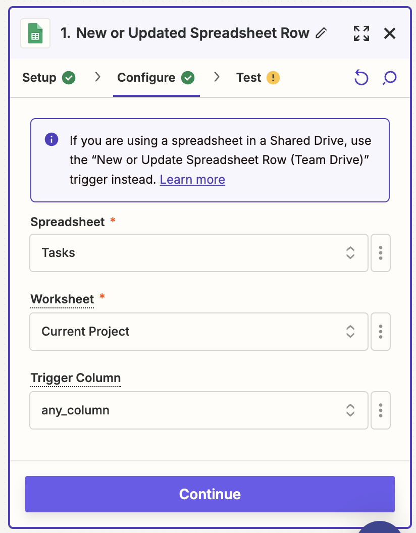 Configure Zapier workflow for integrating WebWork with Google Sheets