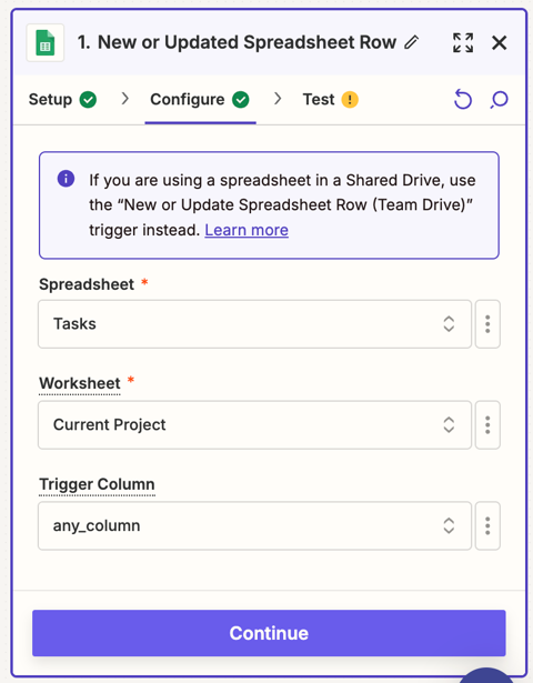 Configure Zapier workflow for integrating WebWork with Google Sheets