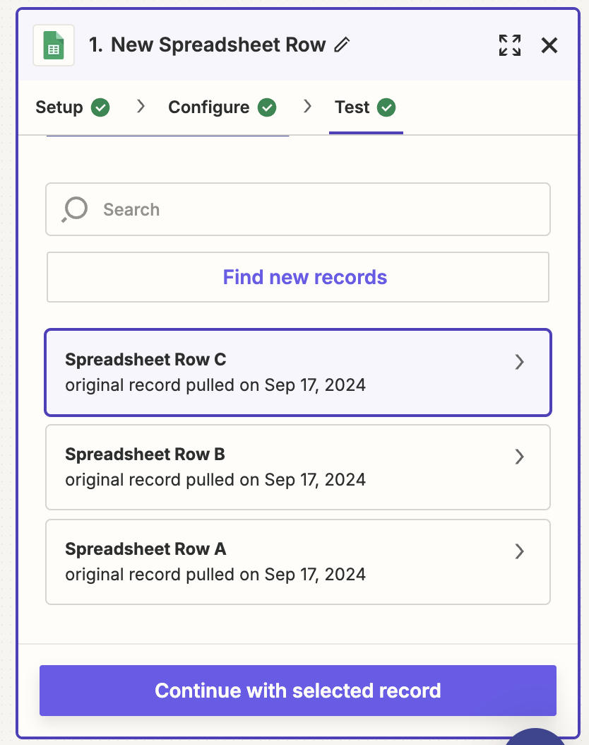 Test Zapier workflow for integrating WebWork with Google Sheets