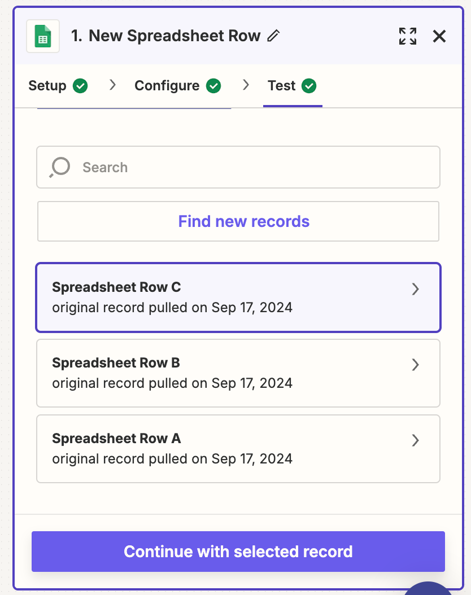 Test Zapier workflow for integrating WebWork with Google Sheets
