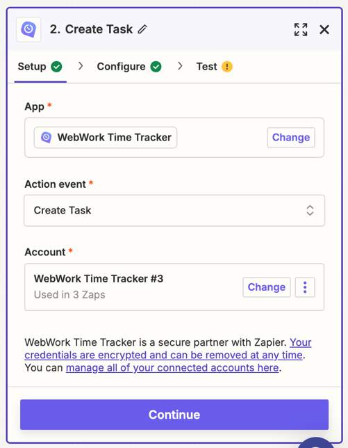 Set up the Action when creating a Zapier workflow with WebWork and Google Sheets
