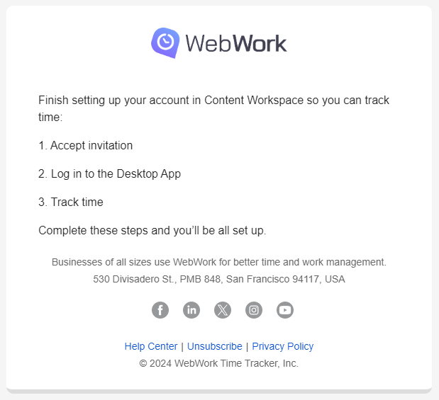 The automated email reminder sent from WebWork’s onboarding status page.