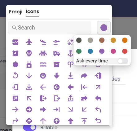 The project icon selection window in WebWork with the color selection box open.