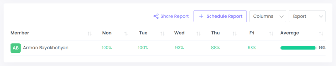 A part of the “Activity Level” page in WebWork showing the activity level data of a workspace member.