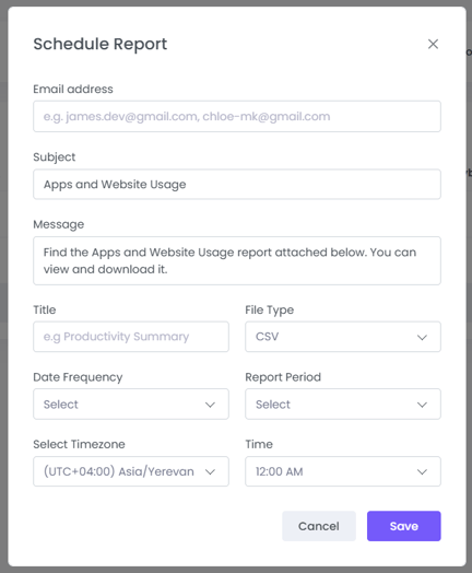 The “Schedule Report” pop-up window in WebWork