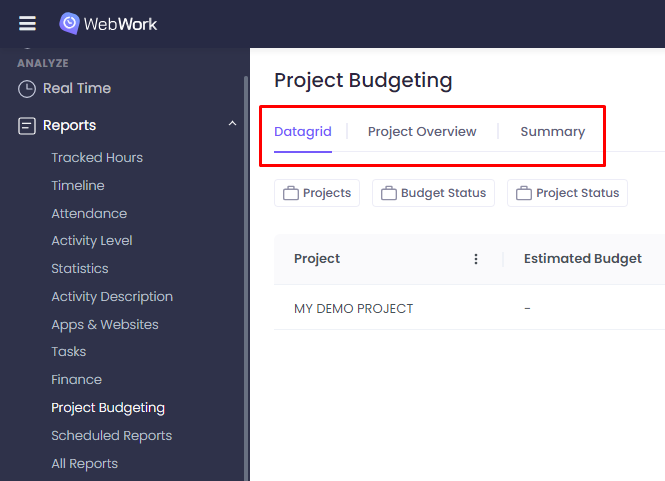 Project Budgeting Report Tabs on WebWork Time Tracker