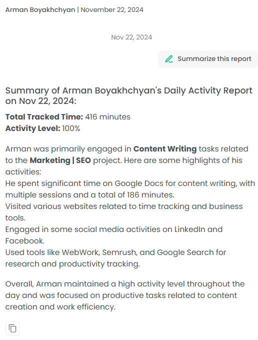 The summary of the daily activity report of an employee in WebWork.