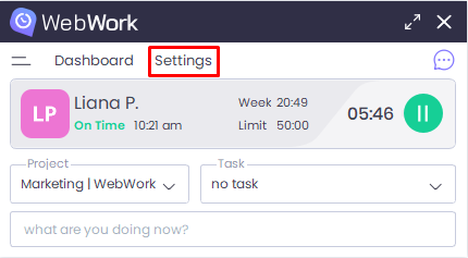 WebWork Desktop Tracker App Settings