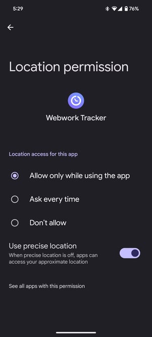 GPS permission to WebWork on Android
