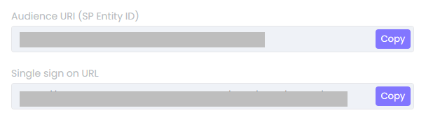 The Audience URI and Single sign on URL boxes in the Settings in WebWork