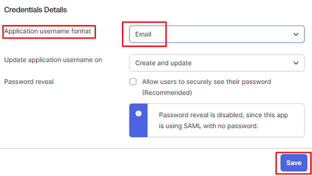 Okta SAML configuration Credentials Details page