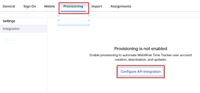 The Provisioning tab of the WebWork app in Okta
