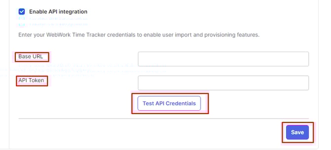 The WebWork API integration screen in Okta
