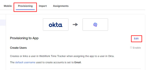 The Provisioning tab of the WebWork app in Okta showing one available setting