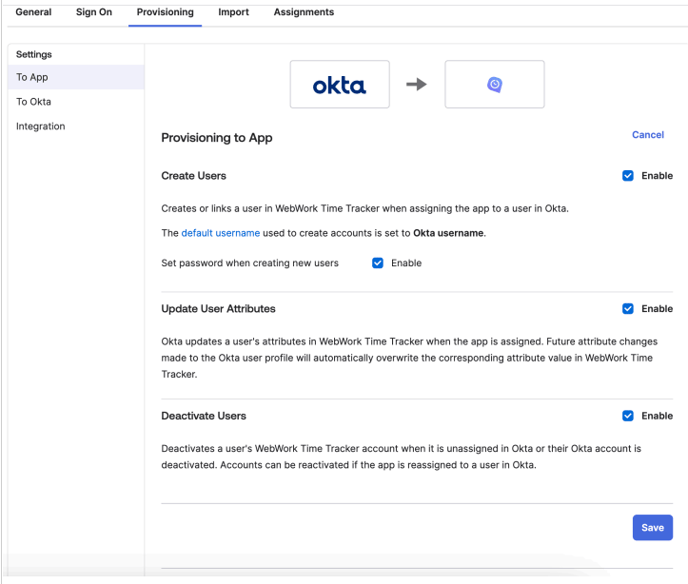 The Provisioning tab of the WebWork app in Okta showing several available settings