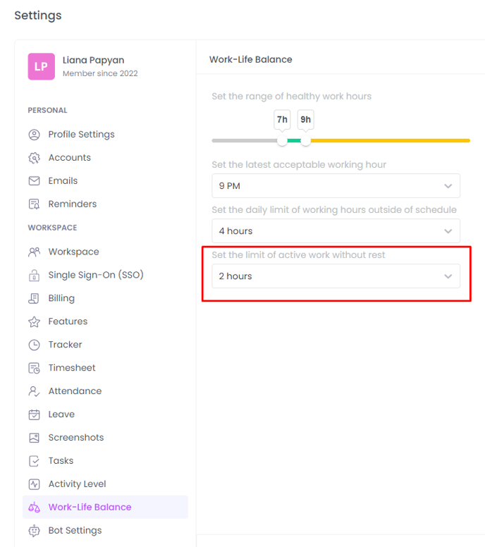 Work-Life Balance settings on WebWork Time Tracker: limit of active work without rest