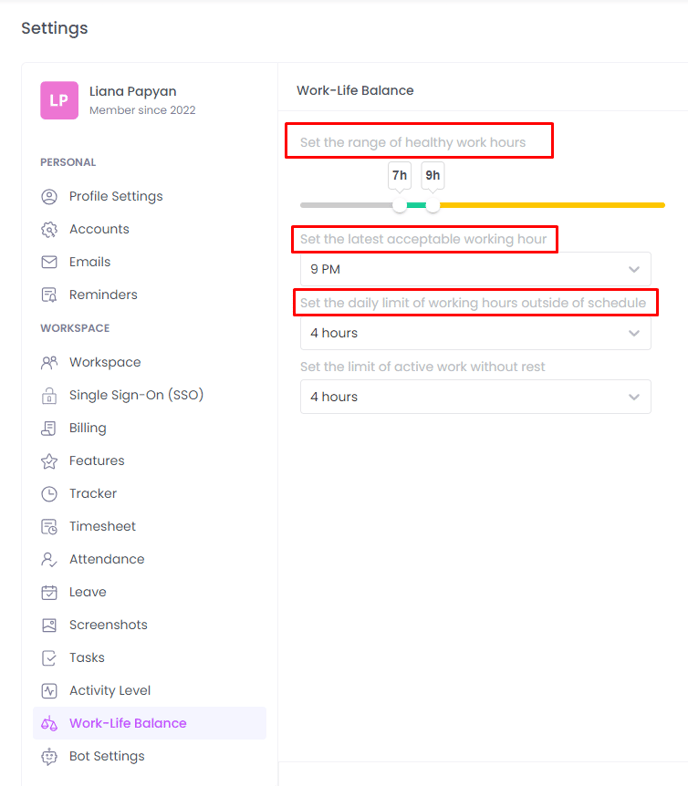 Work-Life Balance settings about personal life reminders on WebWork Time Tracker