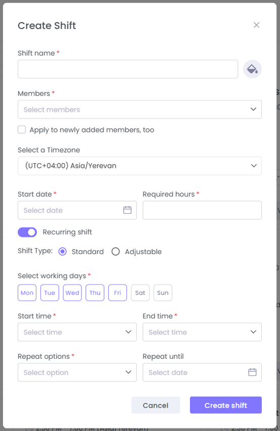 how to create shifts on WebWork