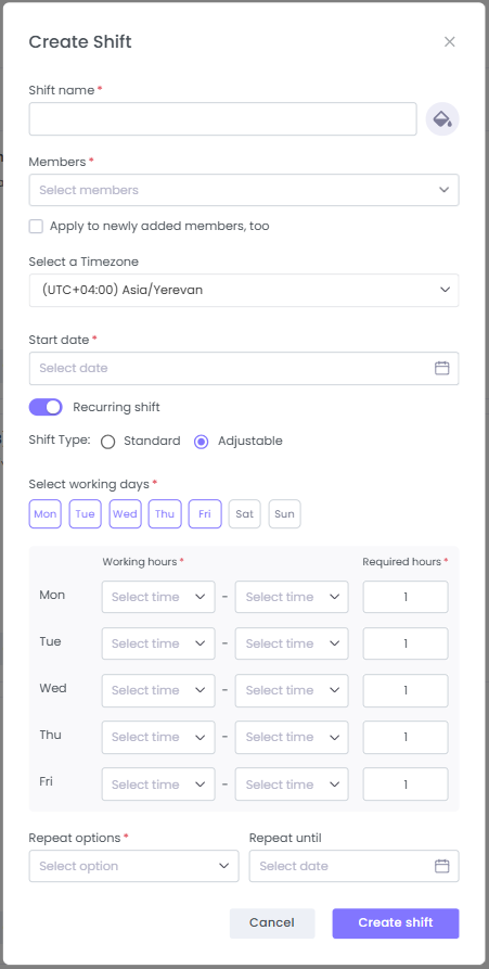 The "Create Shift" window in WebWork showing the available options for creating an Adjustable shift