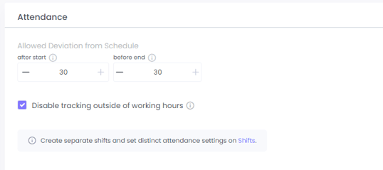 Attendance settings on WebWork when the Shifts feature is enabled