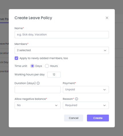 A screenshot showing the Create Leave Policy window in WebWork