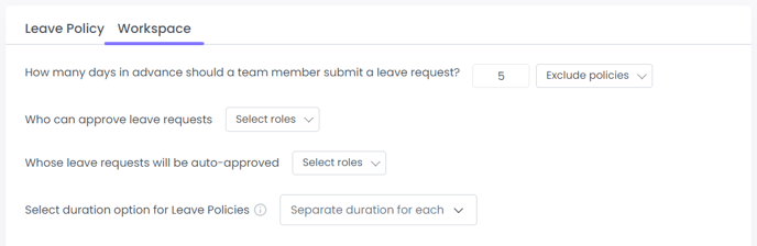 A screenshot showing the Workspace pane of the Leave settings page in WebWork.