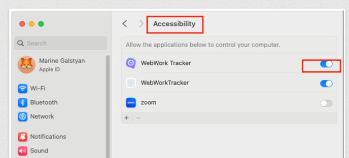 macOS Accessibility settings for WebWork Time Tracker