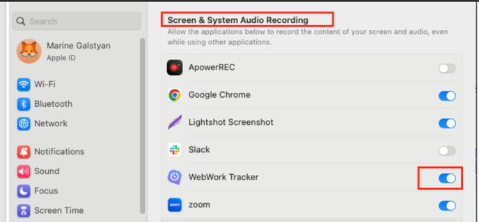 macOS Screen & System Audio Recording settings for WebWork Time Tracker