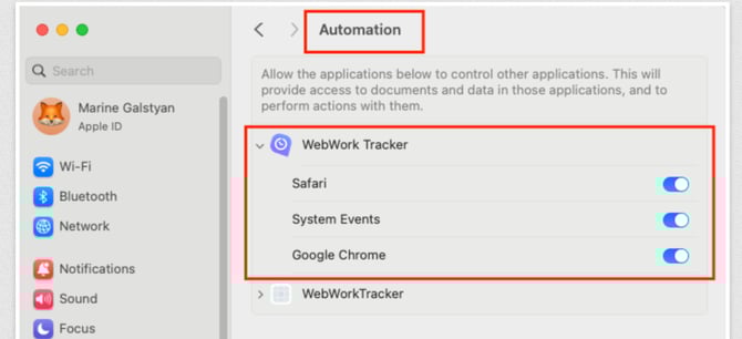 macOS Automation settings for WebWork Time Tracker
