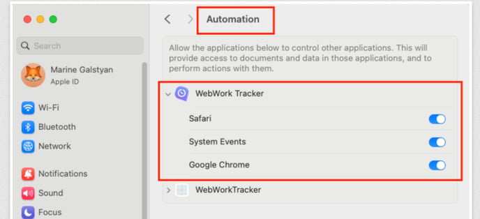 macOS Automation settings for WebWork Time Tracker