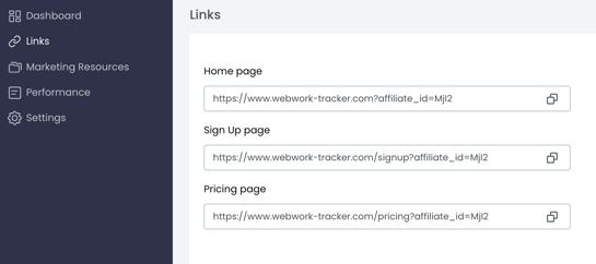 The Links page in the WebWork Affiliate Program.