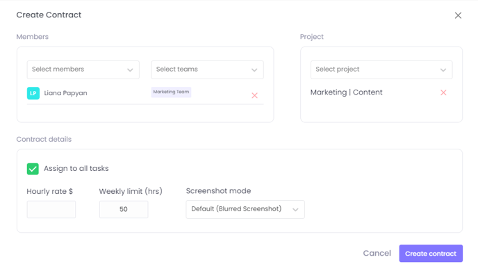 Create Contract on WebWork Time Tracker