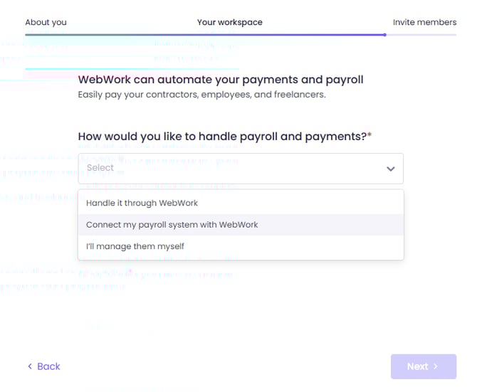 payment methods in WebWork onboarding