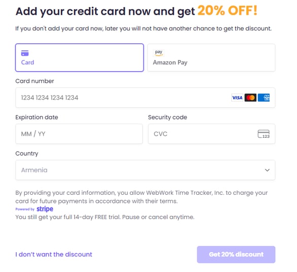 attach credit card to get 20% off in WebWork