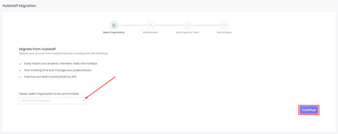 WebWork Time Tracker Hubstaff Migration Organization Selection Page