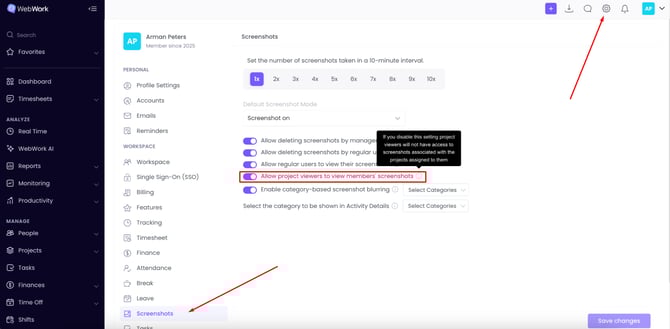 WebWork Time Tracker Screenshot Settings Page