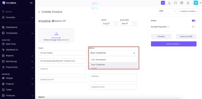 WebWork Time Tracker Invoice Creation Page