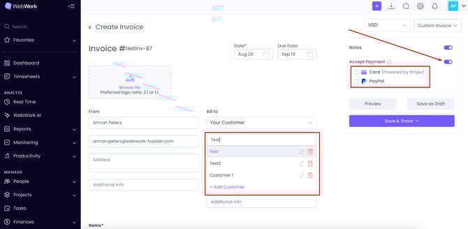 WebWork Time Tracker Invoice Creation Page