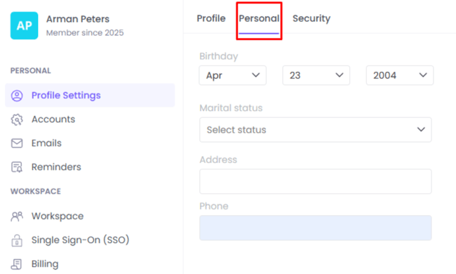 WebWork Time Tracker Profile Settings Personal Page