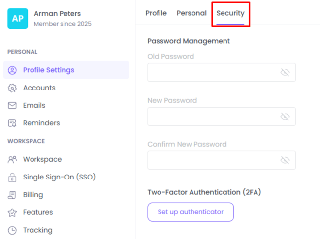 WebWork Time Tracker Profile Settings Security Page